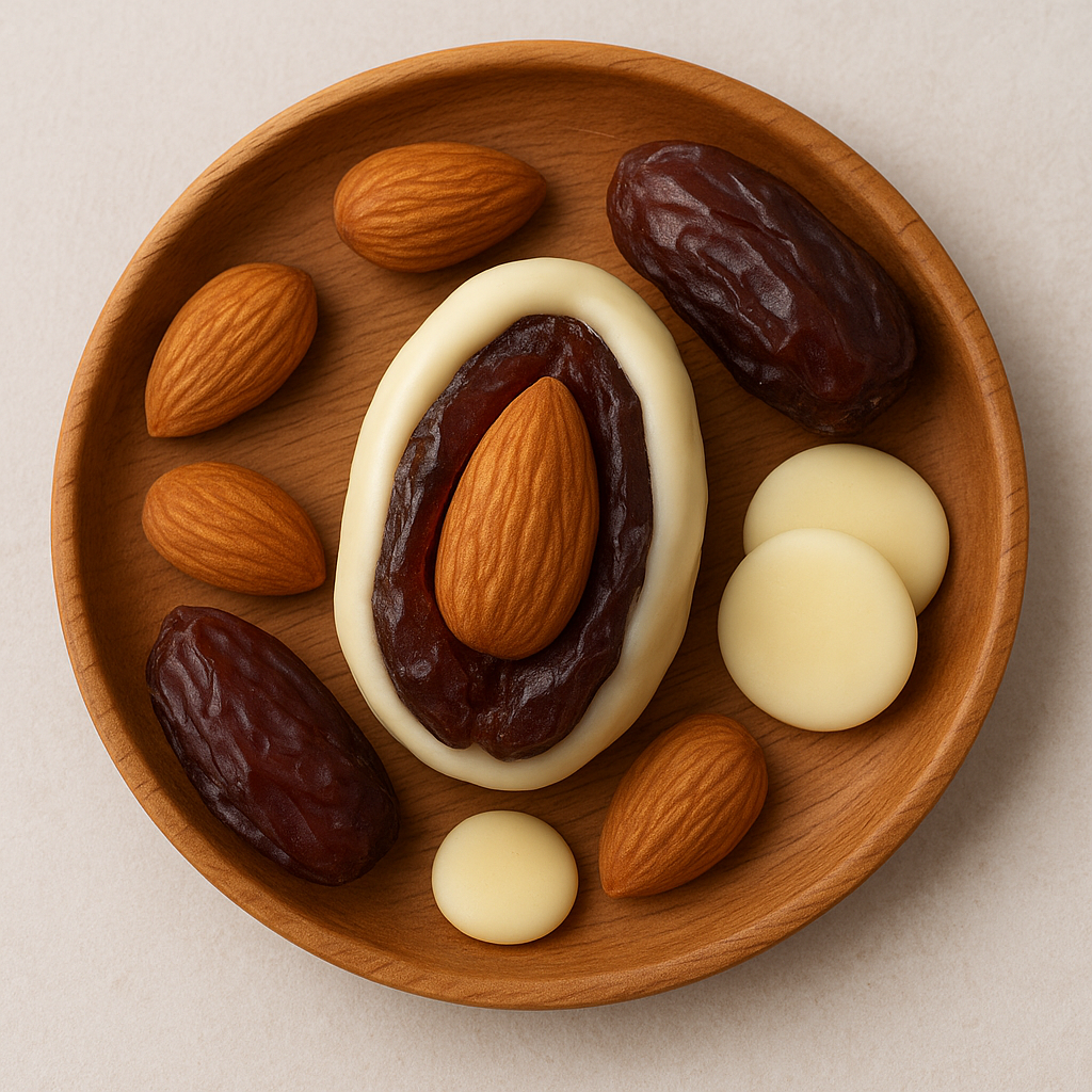 برش خرما با مغز بادام و روکش شکلات در کنار خرما و بادام